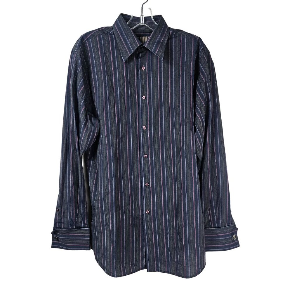 Y2K Roar Button Up Shirt‎ M Navy Striped Cuff Links Retro Alternative Urban